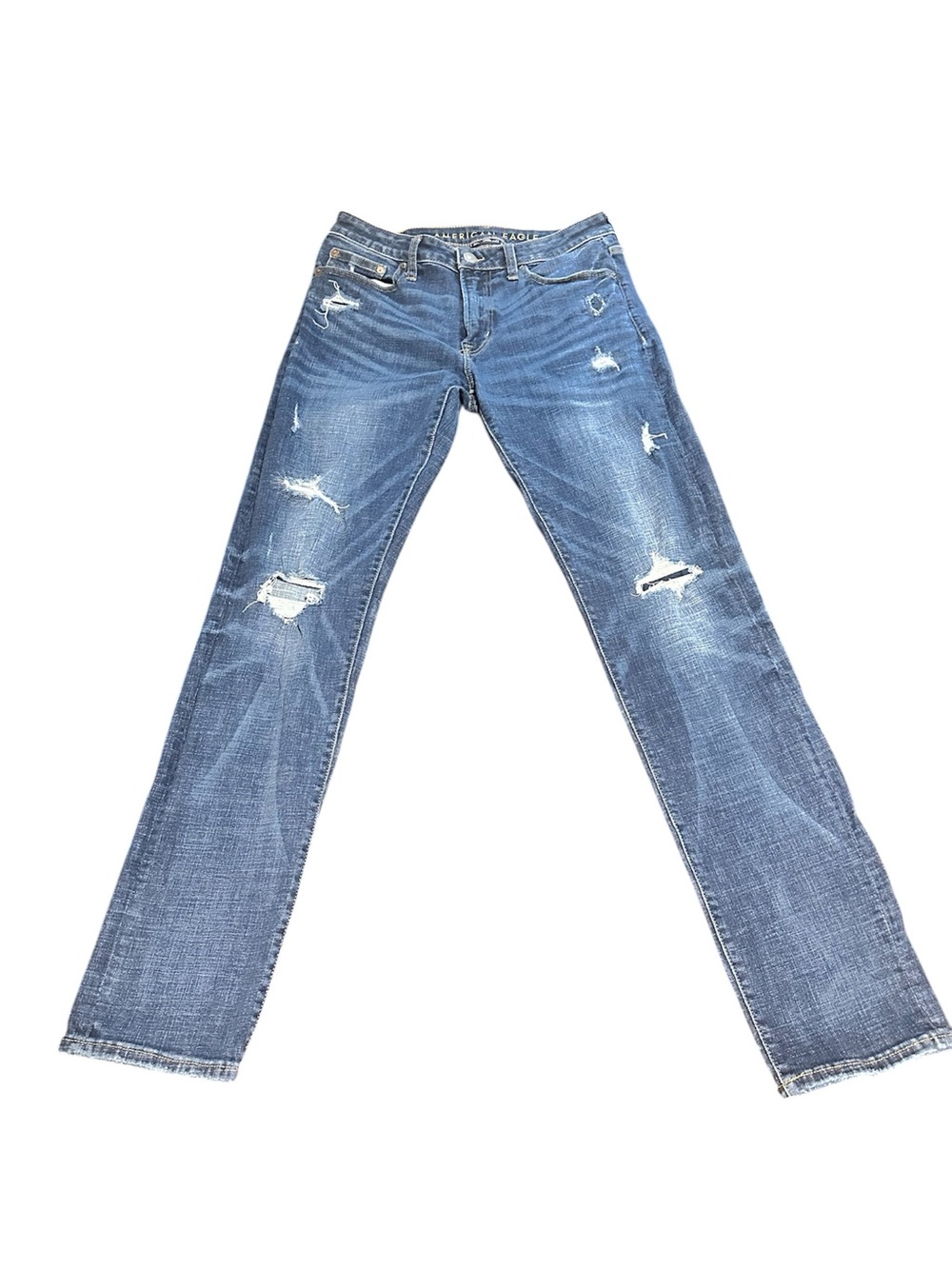American Eagle Outfitters Distressed Blue Straight-Leg Jeans Size 32x34